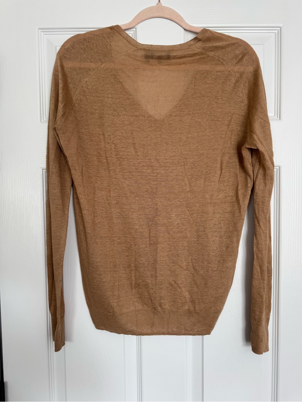 Theory Lightweight Linen V-Neck Sweater in Camel - Picture 2 of 5